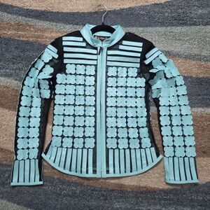 Belgin Francis Genuine Lamb Leather Floral Appliqué Sheer Jacket XXS